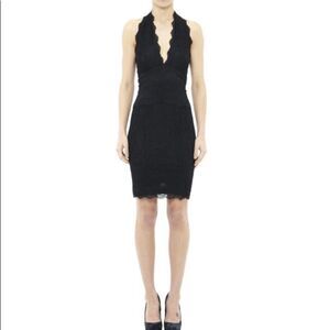 Nicole Miller Woman's Black Lace Halter Ruffle Neck Bodycon LBD Dress sz S